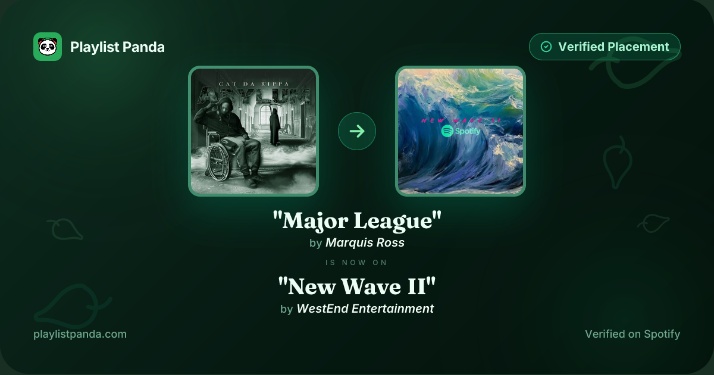 Playlist placement confirmation for the track Major League on the New Wave II playlist